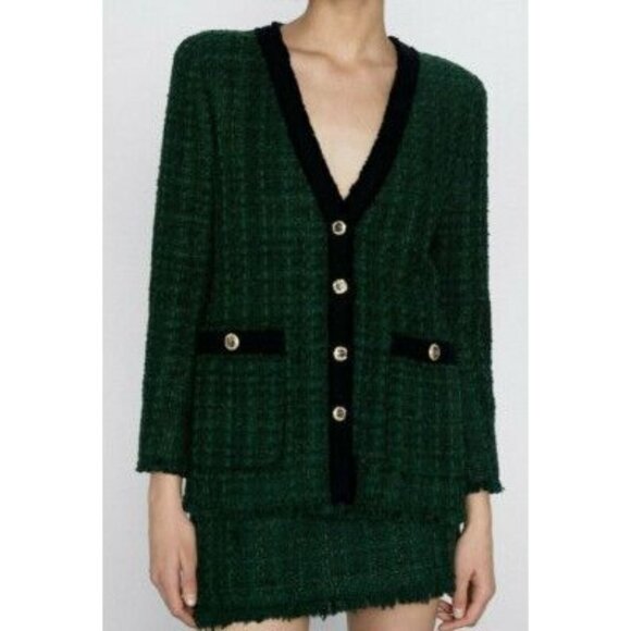 Zara Textured Blazer Jacket in Green Black - Picture 2 of 4